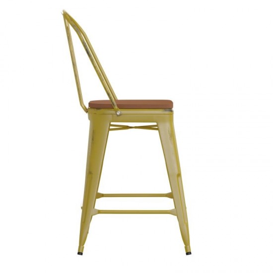 24" Yellow Metal Stool-Teak Seat