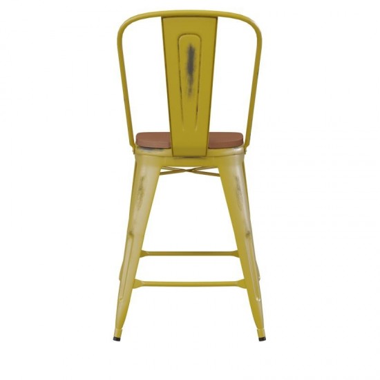 24" Yellow Metal Stool-Teak Seat