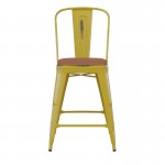 24" Yellow Metal Stool-Teak Seat