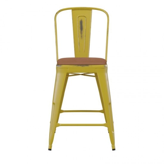 24" Yellow Metal Stool-Teak Seat