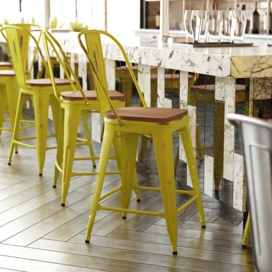 24" Yellow Metal Stool-Teak Seat