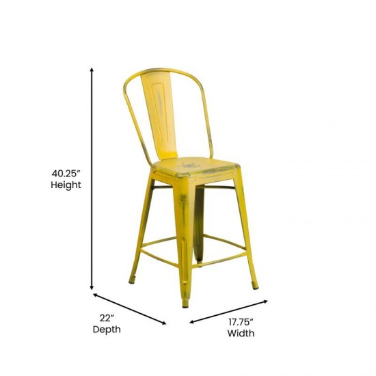 24" Yellow Metal Stool-Teak Seat