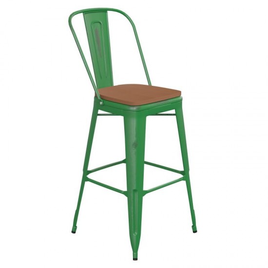 Green Metal Stool-Teak Seat