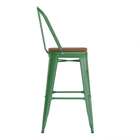 Green Metal Stool-Teak Seat