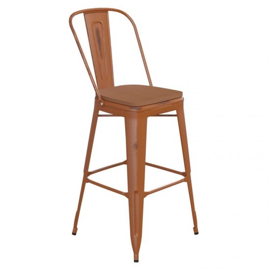 Orange Metal Stool-Teak Seat