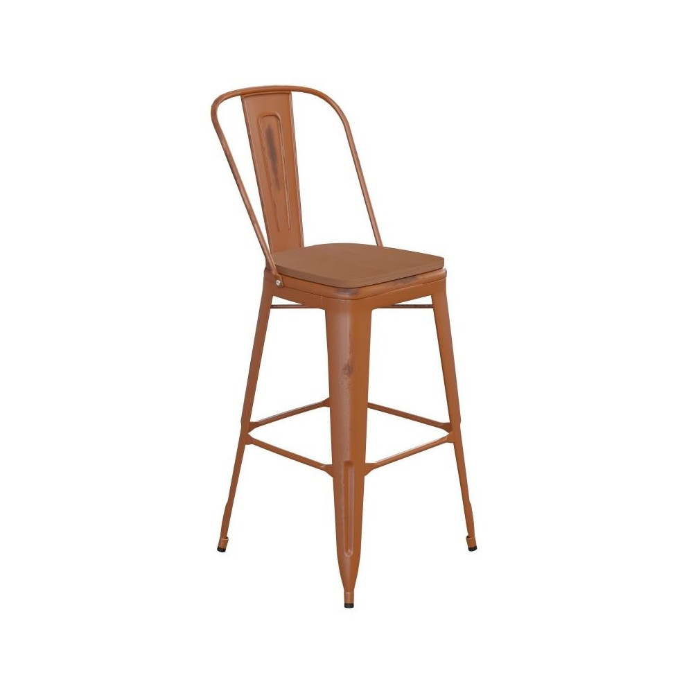 Orange Metal Stool-Teak Seat