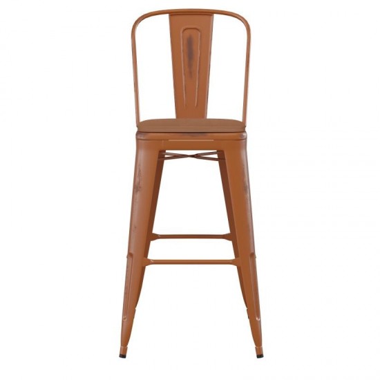 Orange Metal Stool-Teak Seat