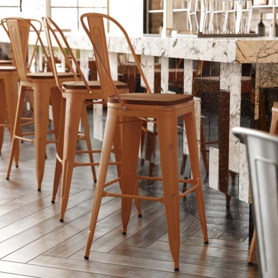 Orange Metal Stool-Teak Seat