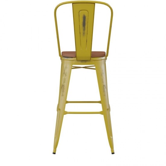 Yellow Metal Stool-Teak Seat