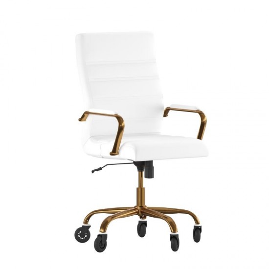 Whitney White LeatherSoft Executive Swivel Office Chair with Gold Frame