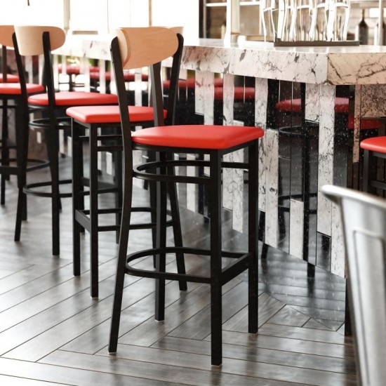 Wright Commercial Red Vinyl/Wood Back Barstool