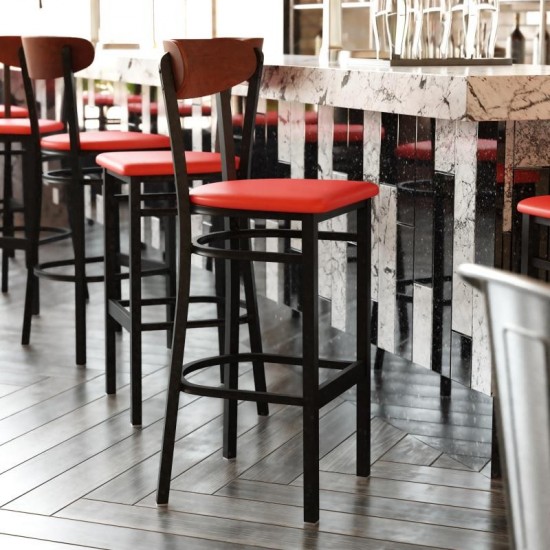 Red Vinyl/Wood Back Barstool