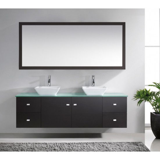Clarissa 72" Vanity in Espresso with Aqua Tempered Glass Top and Square Sink with Polished Chrome Faucet and Mirrors