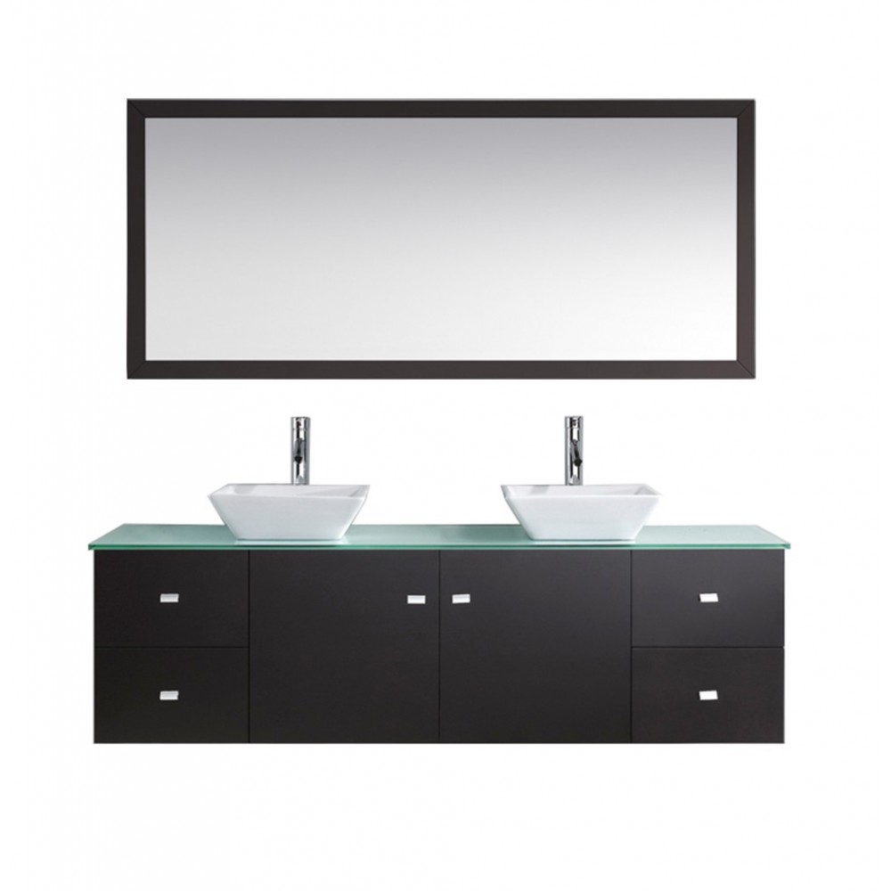 Clarissa 72" Double Bath Vanity in Espresso with Aqua Tempered Glass Top and Square Sink with Brushed Nickel Faucet and Mirro