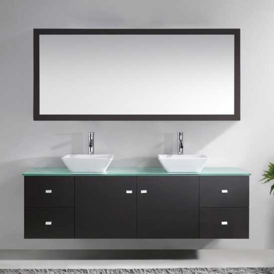 Clarissa 72" Double Bath Vanity in Espresso with Aqua Tempered Glass Top and Square Sink with Brushed Nickel Faucet and Mirro