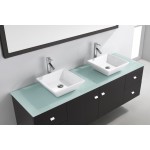 Clarissa 72" Double Bath Vanity in Espresso with Aqua Tempered Glass Top and Square Sink with Brushed Nickel Faucet and Mirro