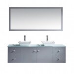 Clarissa 72" Double Bath Vanity in Grey with Aqua Tempered Glass Top and Square Sink with Polished Chrome Faucet and Mirrors