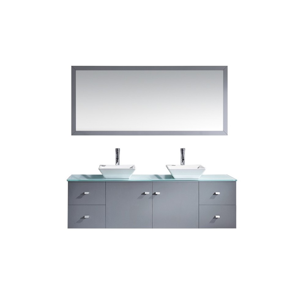 Clarissa 72" Double Bath Vanity in Grey with Aqua Tempered Glass Top and Square Sink with Polished Chrome Faucet and Mirrors