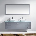 Clarissa 72" Double Bath Vanity in Grey with Aqua Tempered Glass Top and Square Sink with Polished Chrome Faucet and Mirrors