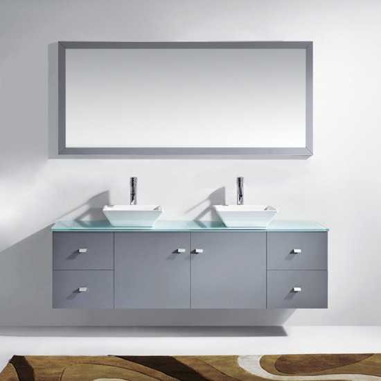 Clarissa 72" Double Bath Vanity in Grey with Aqua Tempered Glass Top and Square Sink with Polished Chrome Faucet and Mirrors