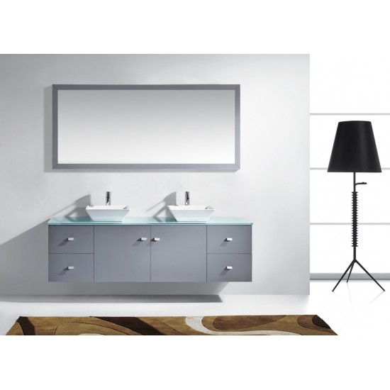 Clarissa 72" Double Bath Vanity in Grey with Aqua Tempered Glass Top and Square Sink with Polished Chrome Faucet and Mirrors