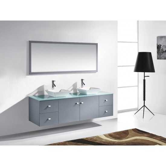 Clarissa 72" Double Bath Vanity in Grey with Aqua Tempered Glass Top and Square Sink with Polished Chrome Faucet and Mirrors