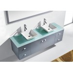 Clarissa 72" Double Bath Vanity in Grey with Aqua Tempered Glass Top and Square Sink with Polished Chrome Faucet and Mirrors