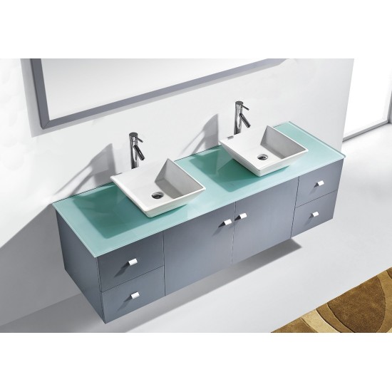 Clarissa 72" Double Bath Vanity in Grey with Aqua Tempered Glass Top and Square Sink with Polished Chrome Faucet and Mirrors