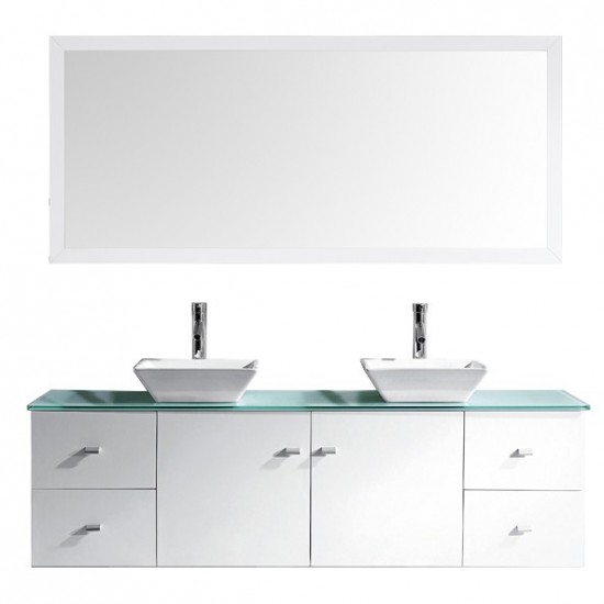 Clarissa 72" Double Bath Vanity in White with Aqua Tempered Glass Top and Square Sink with Polished Chrome Faucet and Mirrors