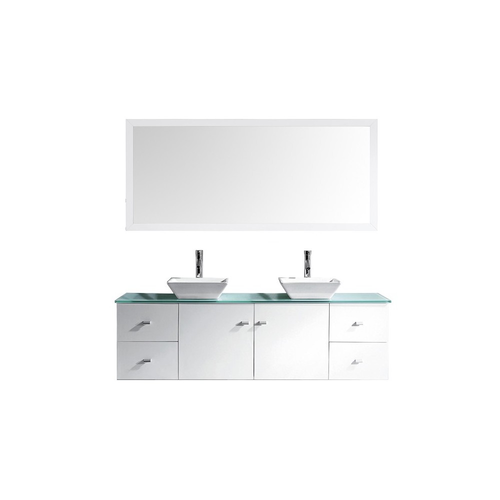 Clarissa 72" Double Bath Vanity in White with Aqua Tempered Glass Top and Square Sink with Polished Chrome Faucet and Mirrors