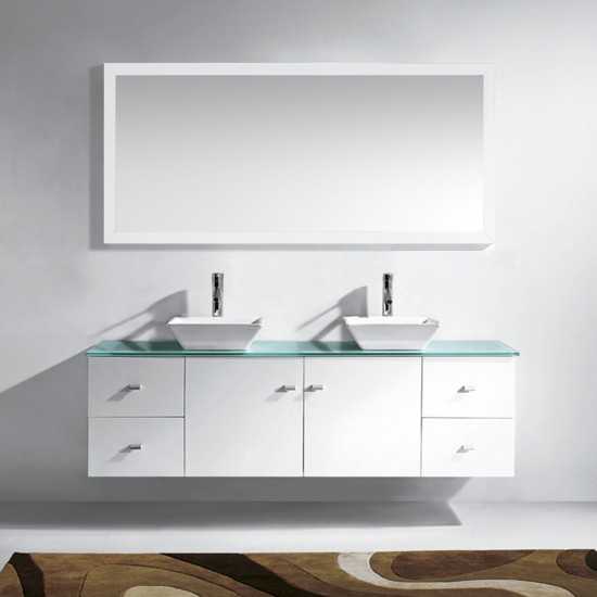 Clarissa 72" Double Bath Vanity in White with Aqua Tempered Glass Top and Square Sink with Polished Chrome Faucet and Mirrors