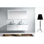 Clarissa 72" Double Bath Vanity in White with Aqua Tempered Glass Top and Square Sink with Polished Chrome Faucet and Mirrors