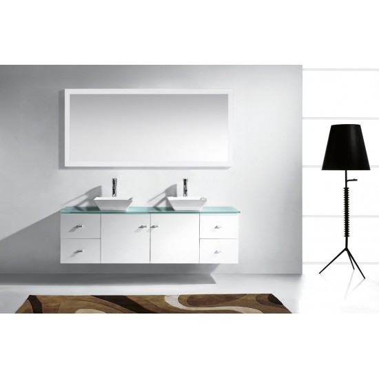 Clarissa 72" Double Bath Vanity in White with Aqua Tempered Glass Top and Square Sink with Polished Chrome Faucet and Mirrors