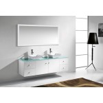 Clarissa 72" Double Bath Vanity in White with Aqua Tempered Glass Top and Square Sink with Polished Chrome Faucet and Mirrors