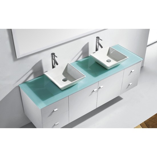 Clarissa 72" Double Bath Vanity in White with Aqua Tempered Glass Top and Square Sink with Polished Chrome Faucet and Mirrors