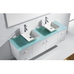 Clarissa 72" Double Bath Vanity in White with Aqua Tempered Glass Top and Square Sink with Brushed Nickel Faucet and Mirrors