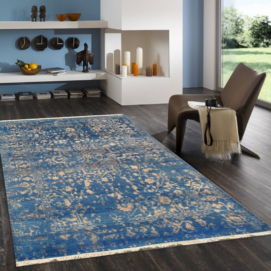 Pasargad Home Transitional Collection Blue Bamboo Silk & Wool Rug 4'1" X 6'2"