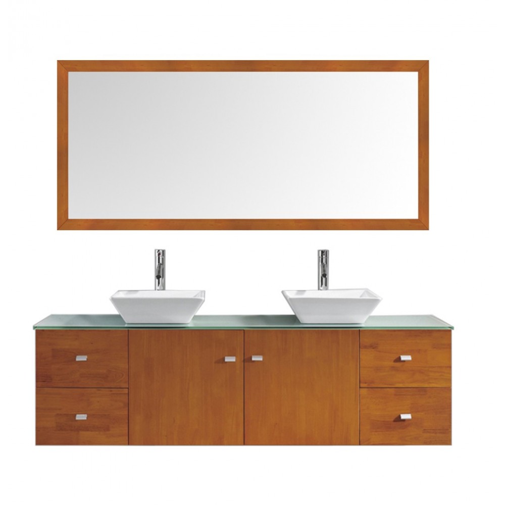 Clarissa 72" Vanity in Honey Oak with Aqua Tempered Glass Top and Square Sink with Polished Chrome Faucet and Mirrors