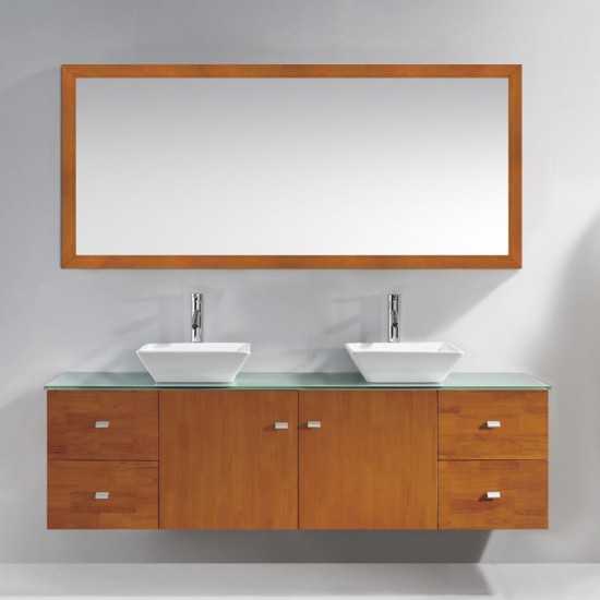 Clarissa 72" Vanity in Honey Oak with Aqua Tempered Glass Top and Square Sink with Polished Chrome Faucet and Mirrors