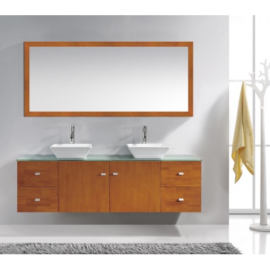 Clarissa 72" Vanity in Honey Oak with Aqua Tempered Glass Top and Square Sink with Polished Chrome Faucet and Mirrors