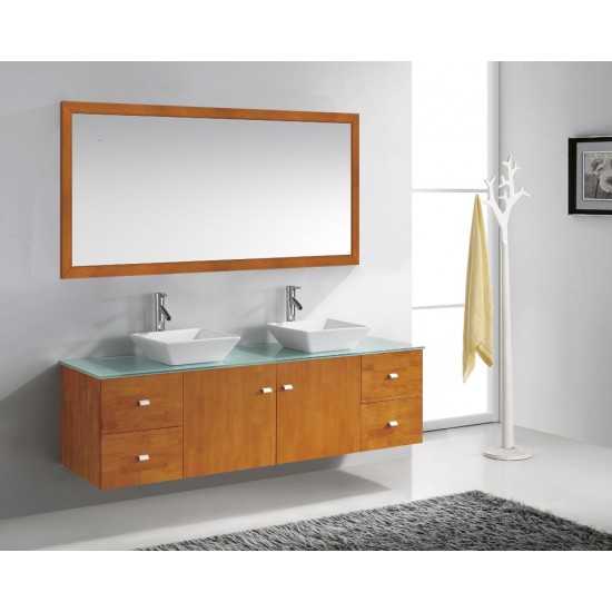 Clarissa 72" Vanity in Honey Oak with Aqua Tempered Glass Top and Square Sink with Polished Chrome Faucet and Mirrors