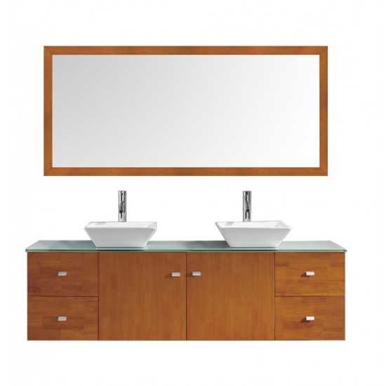 Clarissa 72" Vanity in Honey Oak with Aqua Tempered Glass Top and Square Sink with Brushed Nickel Faucet and Mirrors