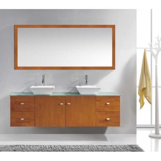 Clarissa 72" Vanity in Honey Oak with Aqua Tempered Glass Top and Square Sink with Brushed Nickel Faucet and Mirrors