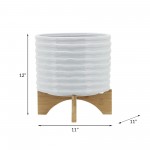 Ceramic 10" Planter On Stand,white Stripe