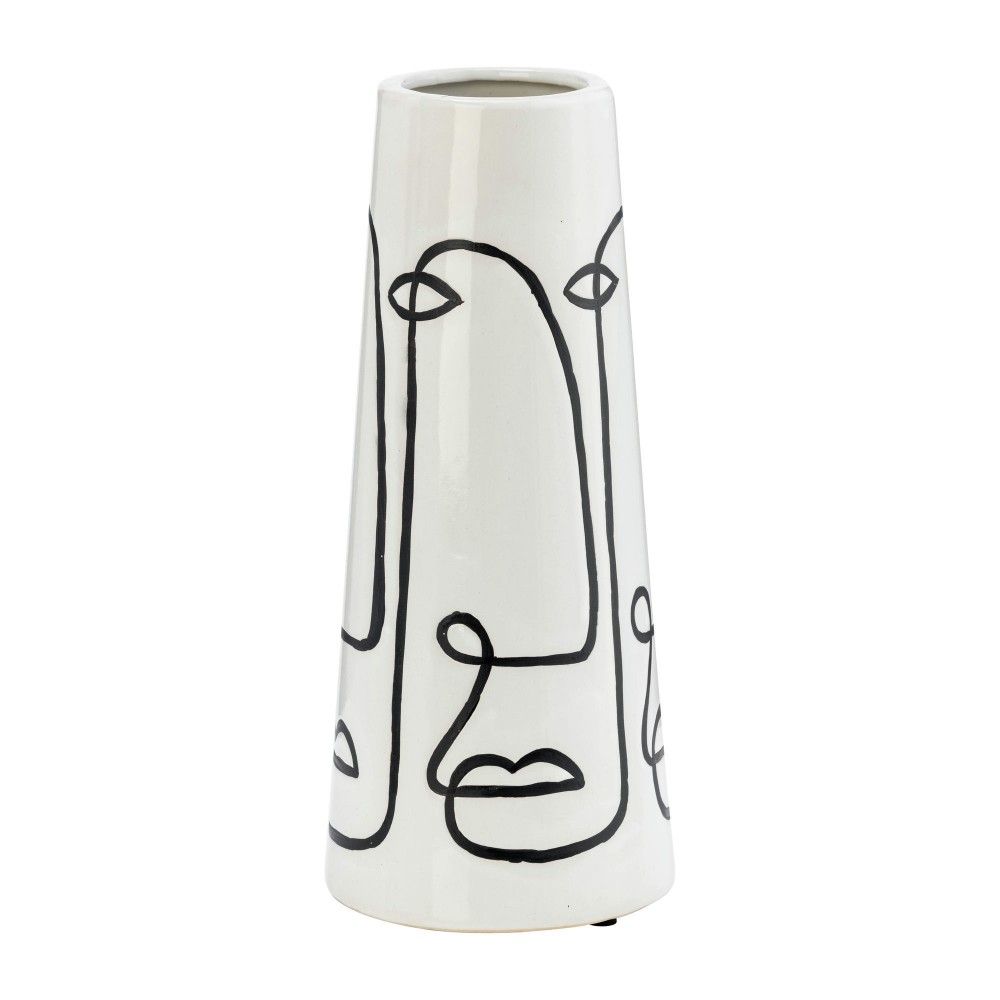 Cer, 11"h Geo Funny Face Flower Vase, Wht/blk Cer, 11"h Geo Funny Face Flower Vase, Wht/blk