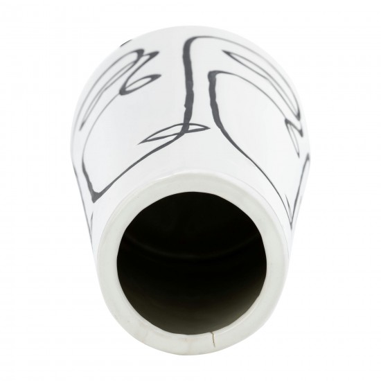 Cer, 11"h Geo Funny Face Flower Vase, Wht/blk