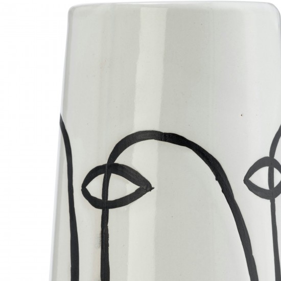 Cer, 11"h Geo Funny Face Flower Vase, Wht/blk