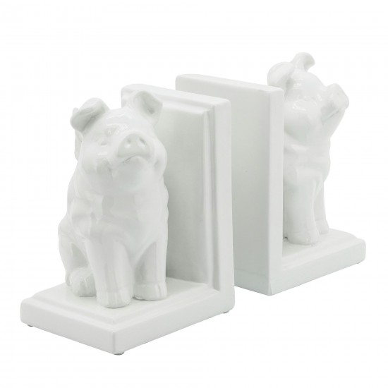 S/2 7" Winged Pigs Bookends, White