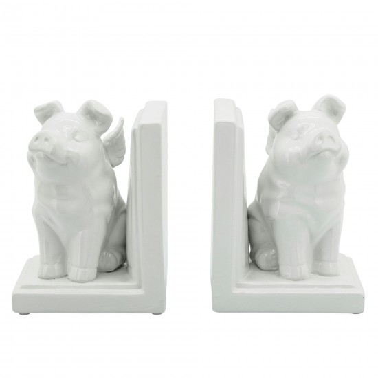 S/2 7" Winged Pigs Bookends, White