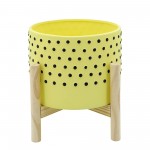 8" Dotted Planter W/ Wood Stand, Yellow